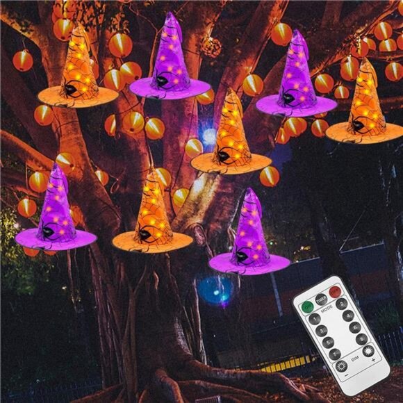 Halloween Decorations 8 Pcs Lighted Hanging Witch Hats, 14ft 56 LEDs Halloween - Picture 1 of 8